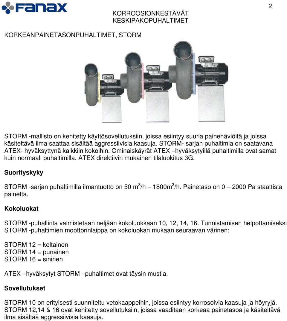 ATEX direktiivin mukainen tilaluokitus 3G. Suorityskyky STORM -sarjan puhaltimilla ilmantuotto on 50 m 3 /h 1800m 3 /h. Painetaso on 0 2000 Pa staattista painetta.