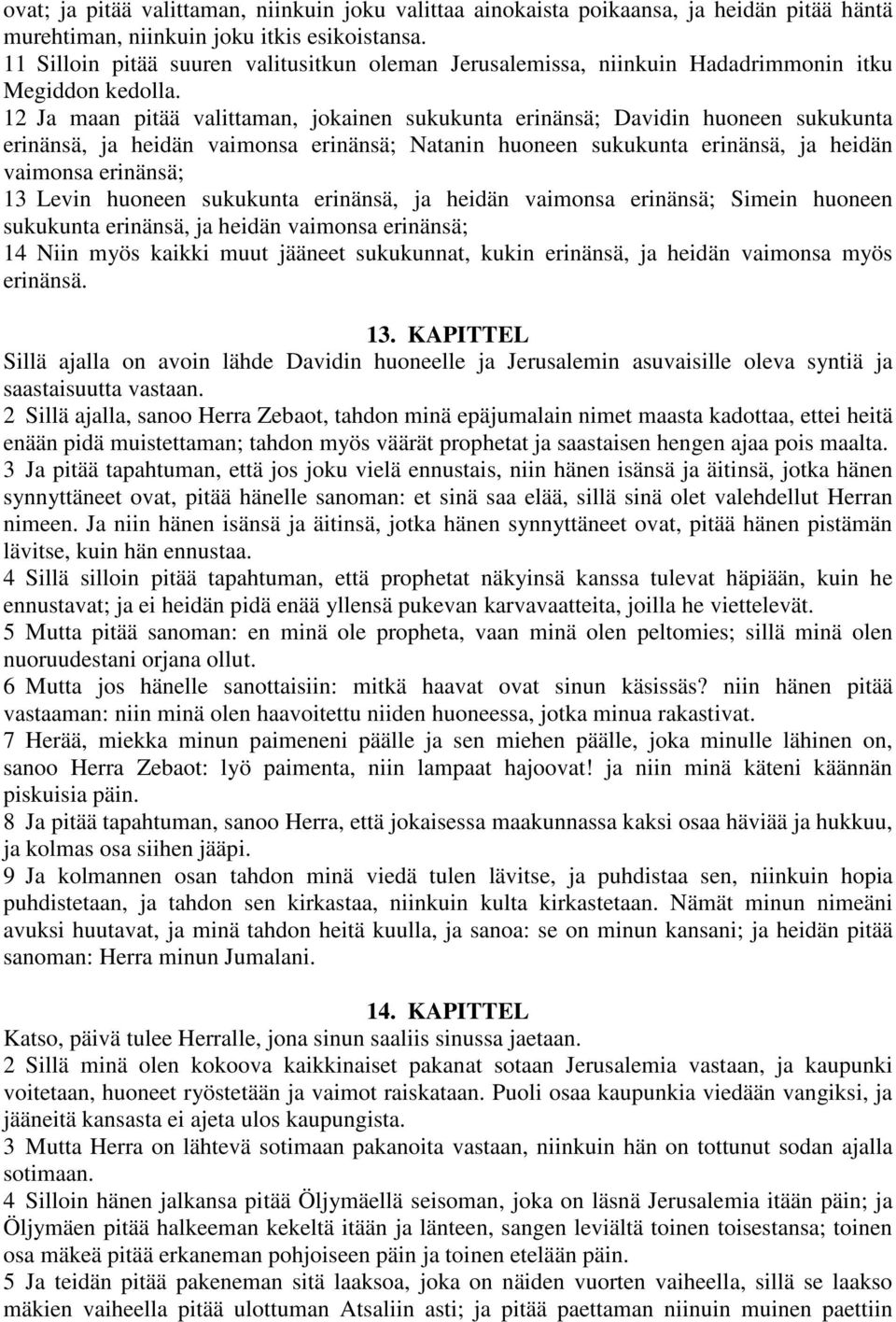 12 Ja maan pitää valittaman, jokainen sukukunta erinänsä; Davidin huoneen sukukunta erinänsä, ja heidän vaimonsa erinänsä; Natanin huoneen sukukunta erinänsä, ja heidän vaimonsa erinänsä; 13 Levin