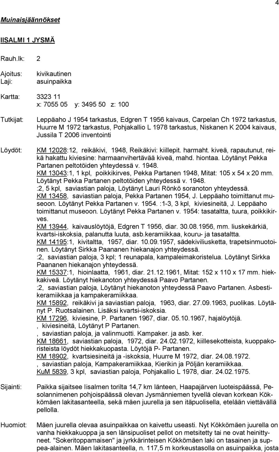tarkastus, Niskanen K 2004 kaivaus, Jussila T 2006 inventointi KM 12028:12, reikäkivi, 1948, Reikäkivi: kiillepit. harmaht. kiveä, rapautunut, reikä hakattu kiviesine: harmaanvihertävää kiveä, mahd.