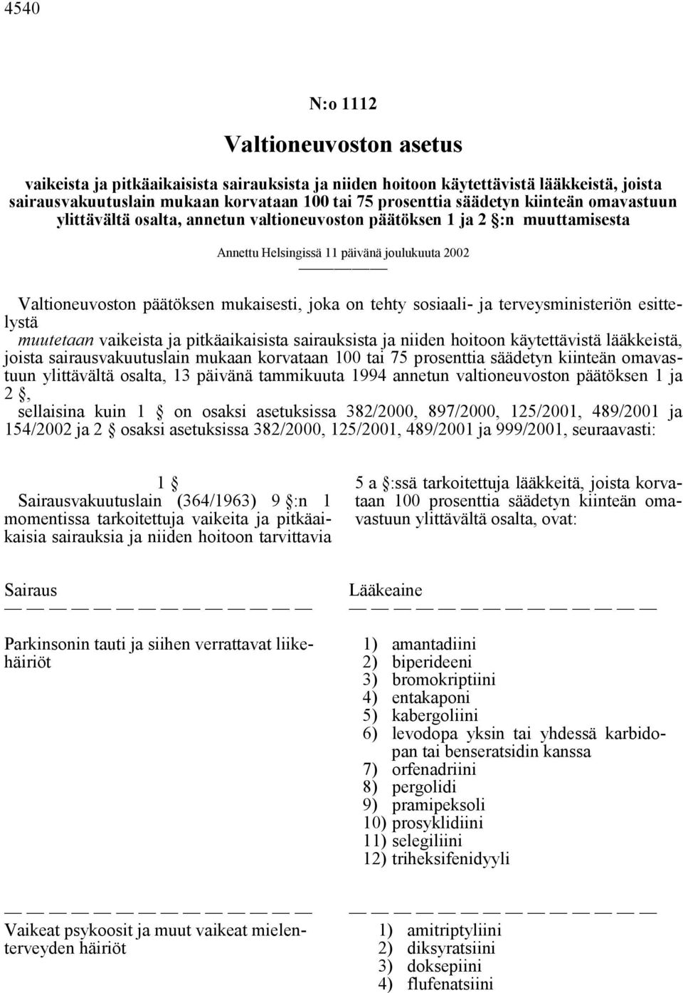 ja terveysministeriön esittelystä muutetaan vaikeista ja pitkäaikaisista sairauksista ja niiden hoitoon käytettävistä lääkkeistä, joista sairausvakuutuslain mukaan korvataan 100 tai 75 prosenttia