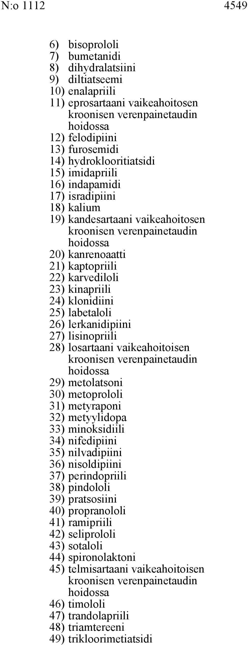 kinapriili 24) klonidiini 25) labetaloli 26) lerkanidipiini 27) lisinopriili 28) losartaani vaikeahoitoisen kroonisen verenpainetaudin hoidossa 29) metolatsoni 30) metoprololi 31) metyraponi 32)