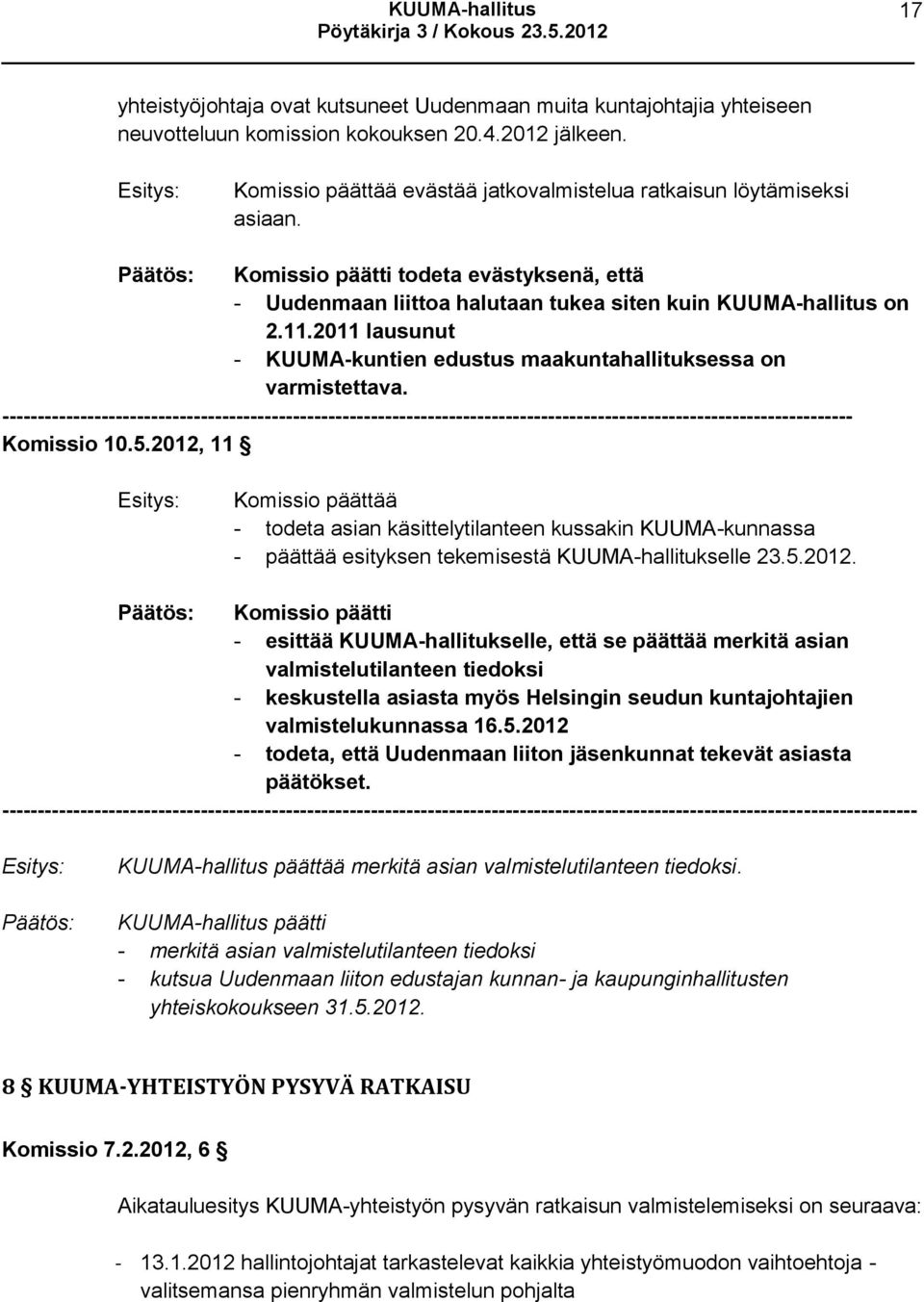 5.2012, 11 Komissio päättää - todeta asian käsittelytilanteen kussakin KUUMA-kunnassa - päättää esityksen tekemisestä KUUMA-hallitukselle 23.5.2012. Komissio päätti - esittää KUUMA-hallitukselle, että se päättää merkitä asian valmistelutilanteen tiedoksi - keskustella asiasta myös Helsingin seudun kuntajohtajien valmistelukunnassa 16.