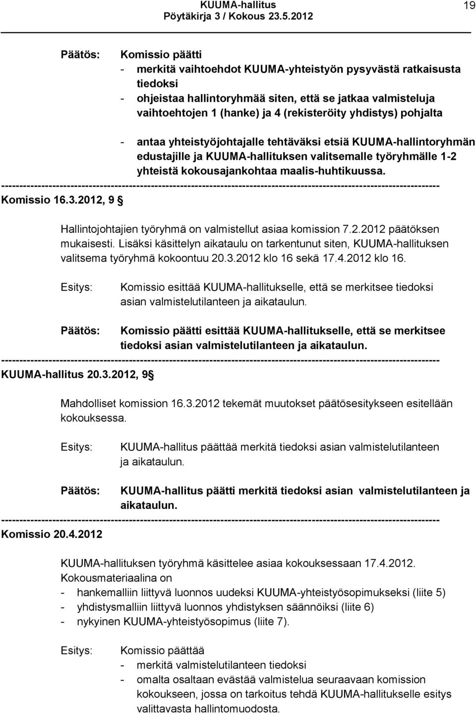 Komissio 16.3.2012, 9 Hallintojohtajien työryhmä on valmistellut asiaa komission 7.2.2012 päätöksen mukaisesti.