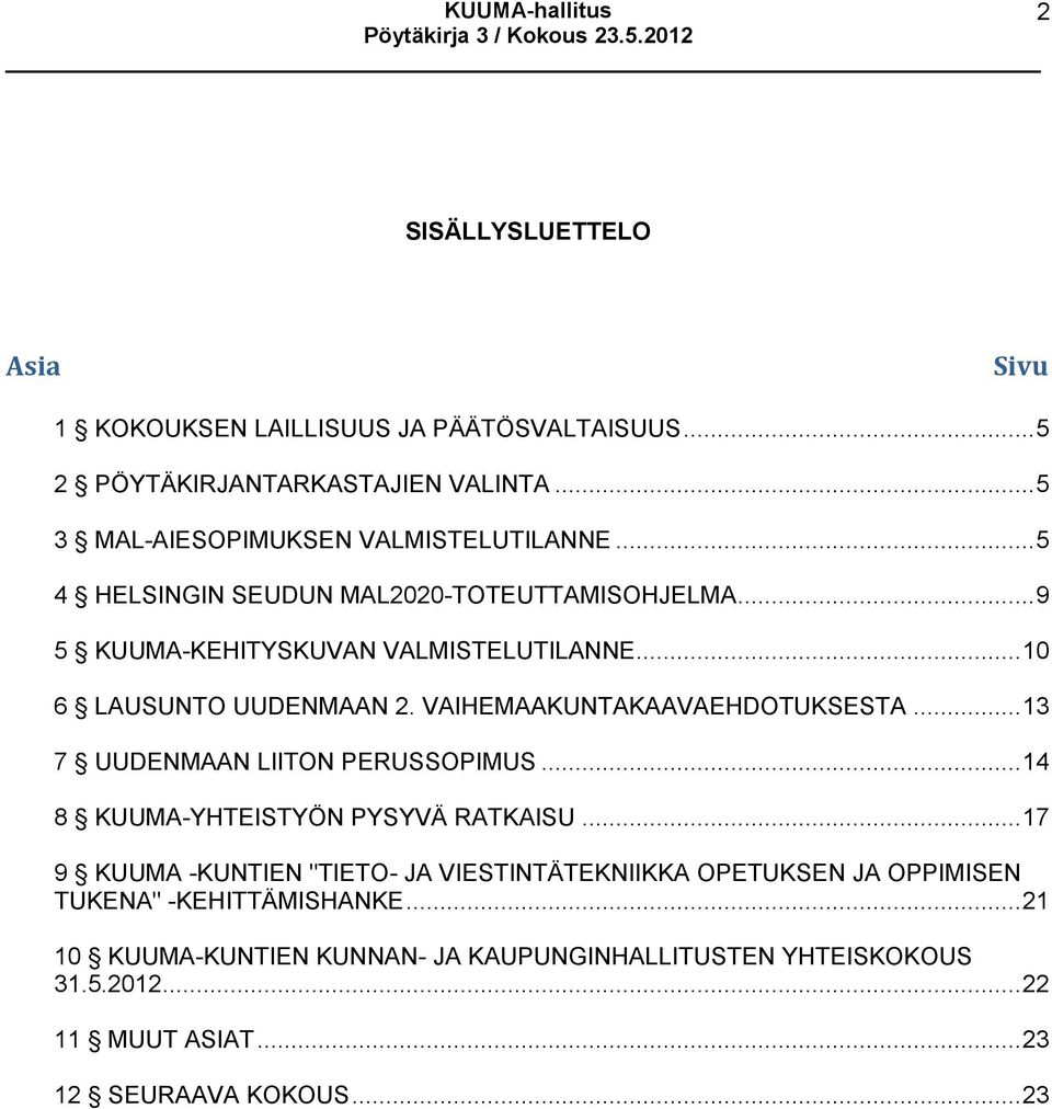 VAIHEMAAKUNTAKAAVAEHDOTUKSESTA... 13 7 UUDENMAAN LIITON PERUSSOPIMUS... 14 8 KUUMA-YHTEISTYÖN PYSYVÄ RATKAISU.