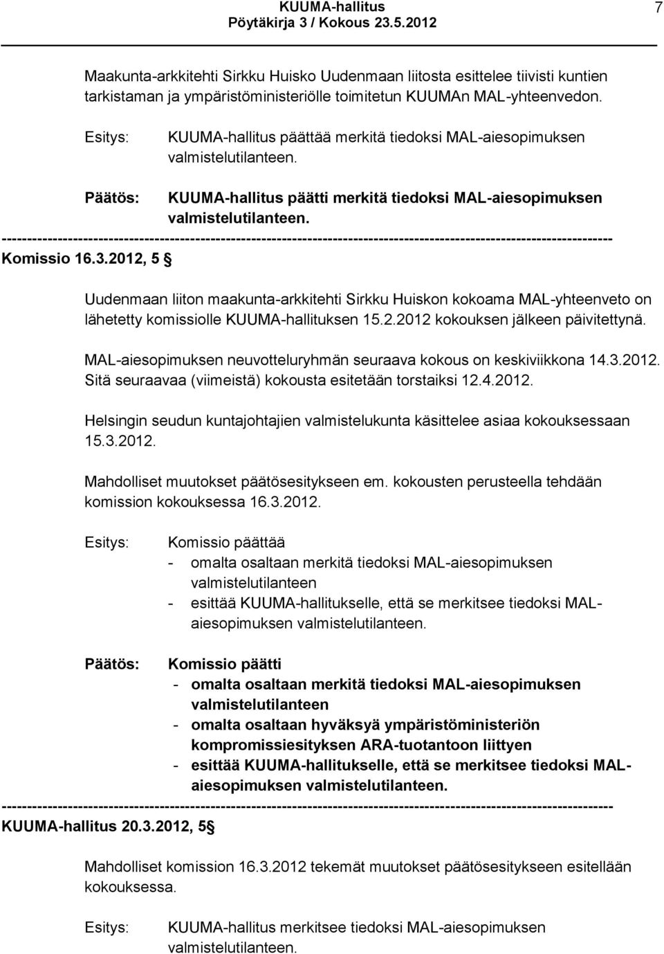 2012, 5 Uudenmaan liiton maakunta-arkkitehti Sirkku Huiskon kokoama MAL-yhteenveto on lähetetty komissiolle KUUMA-hallituksen 15.2.2012 kokouksen jälkeen päivitettynä.