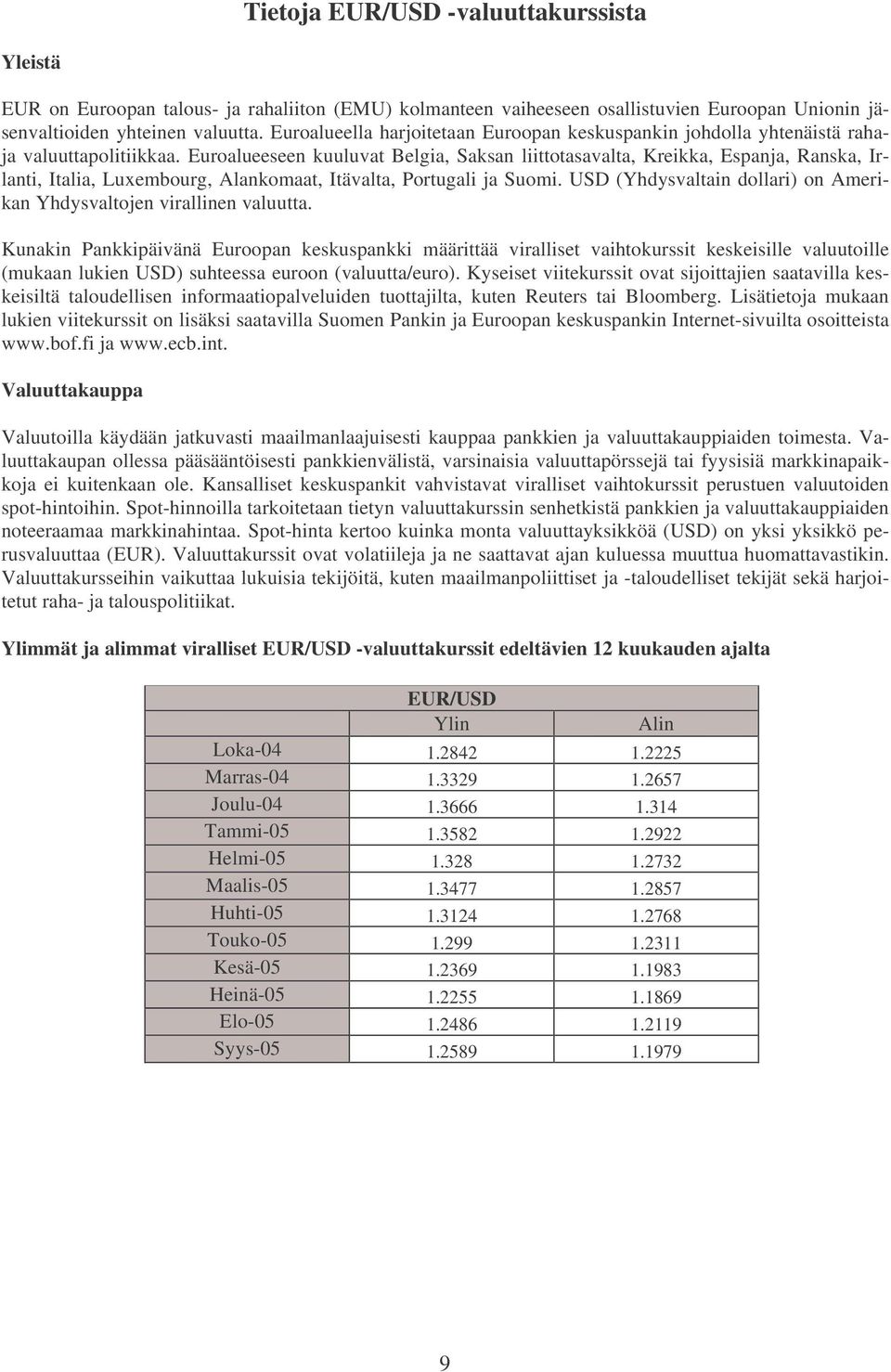 Euroalueeseen kuuluvat Belgia, Saksan liittotasavalta, Kreikka, Espanja, Ranska, Irlanti, Italia, Luxembourg, Alankomaat, Itävalta, Portugali ja Suomi.