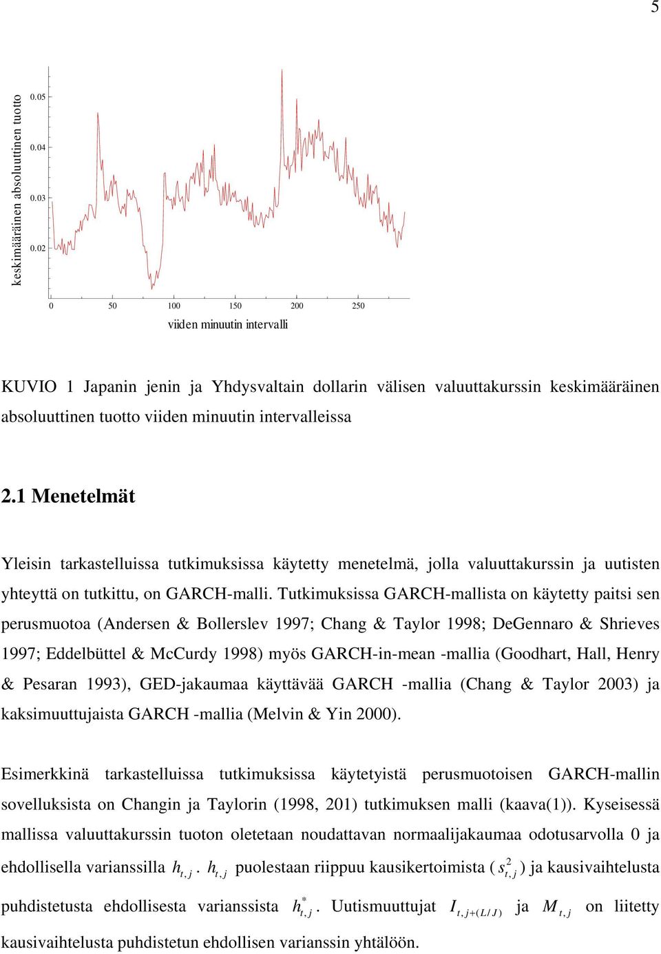 1 Menetelmät Yleisin tarkastelluissa tutkimuksissa käytetty menetelmä, jolla valuuttakurssin ja uutisten yhteyttä on tutkittu, on GARCH-malli.
