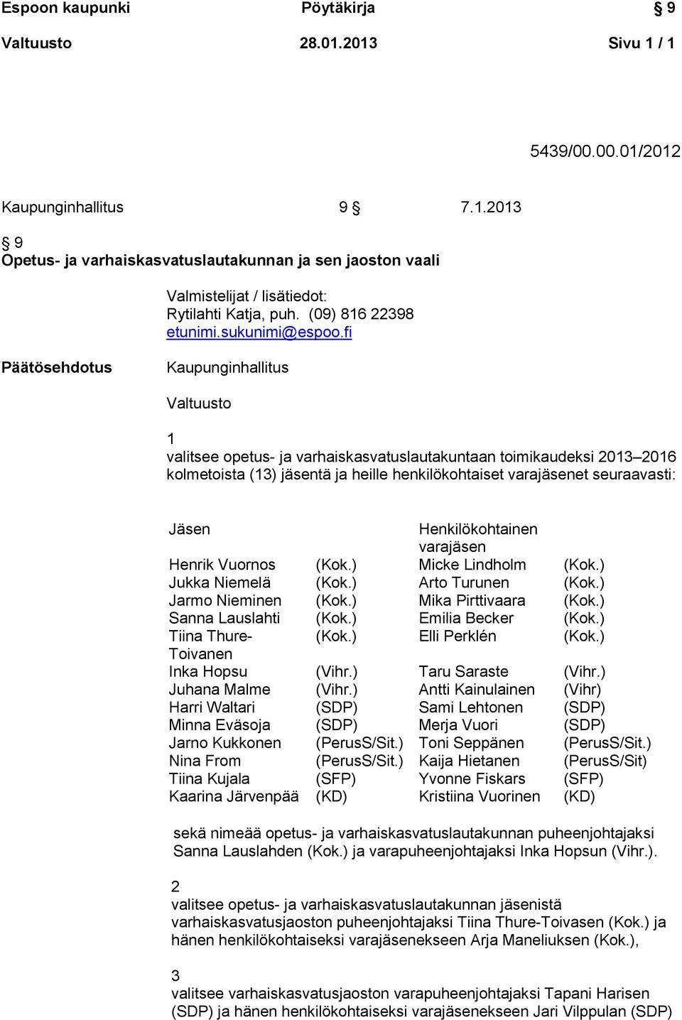 fi Päätösehdotus Kaupunginhallitus Valtuusto 1 valitsee opetus- ja varhaiskasvatuslautakuntaan toimikaudeksi 2013 2016 kolmetoista (13) jäsentä ja heille henkilökohtaiset et seuraavasti: Henrik