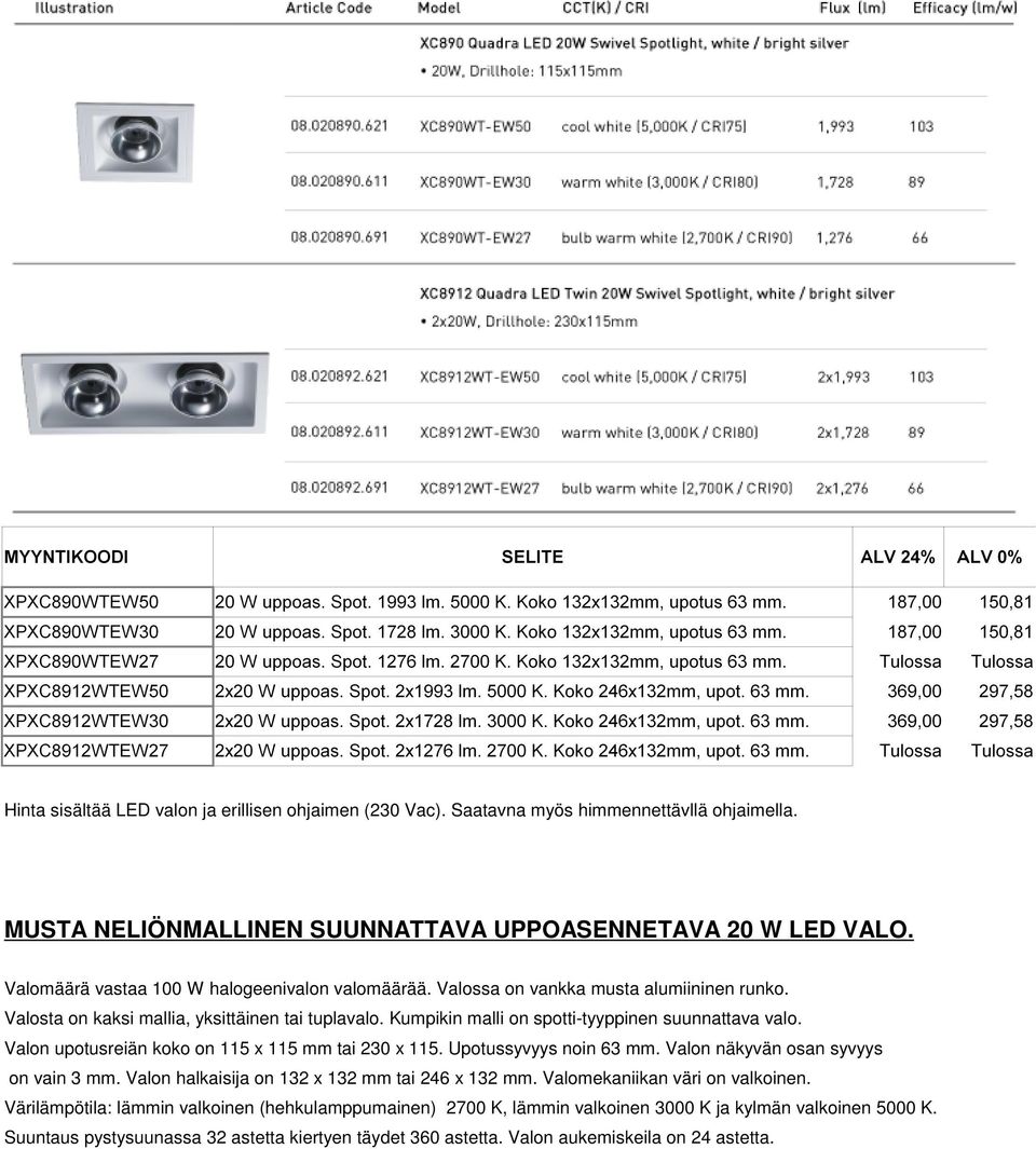 Kumpikin malli on spotti-tyyppinen suunnattava valo. Valon upotusreiän koko on 115 x 115 mm tai 230 x 115. Upotussyvyys noin 63 mm.