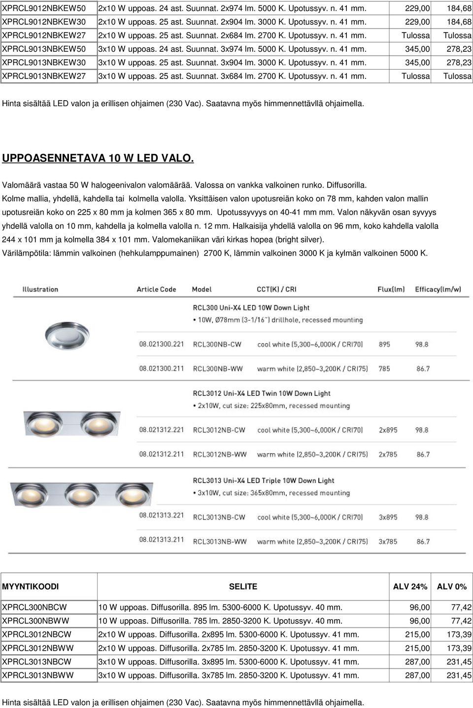 25 ast. Suunnat. 3x904 lm. 3000 K. Upotussyv. n. 41 mm. 345,00 278,23 XPRCL9013NBKEW27 3x10 W uppoas. 25 ast. Suunnat. 3x684 lm. 2700 K. Upotussyv. n. 41 mm. Tulossa Tulossa UPPOASENNETAVA 10 W LED VALO.