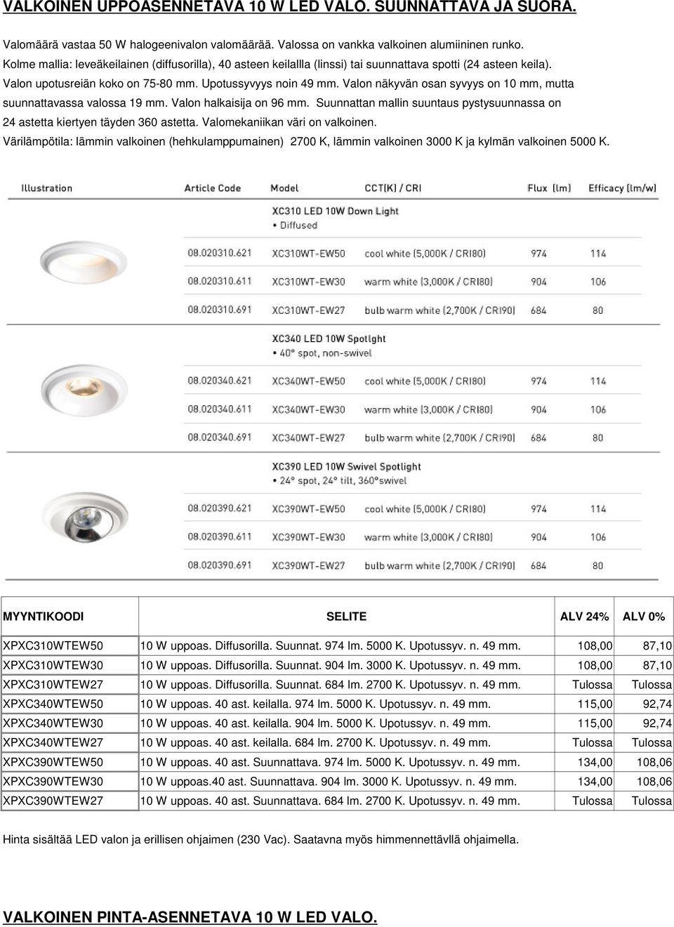 Valon näkyvän osan syvyys on 10 mm, mutta suunnattavassa valossa 19 mm. Valon halkaisija on 96 mm. Suunnattan mallin suuntaus pystysuunnassa on 24 astetta kiertyen täyden 360 astetta.