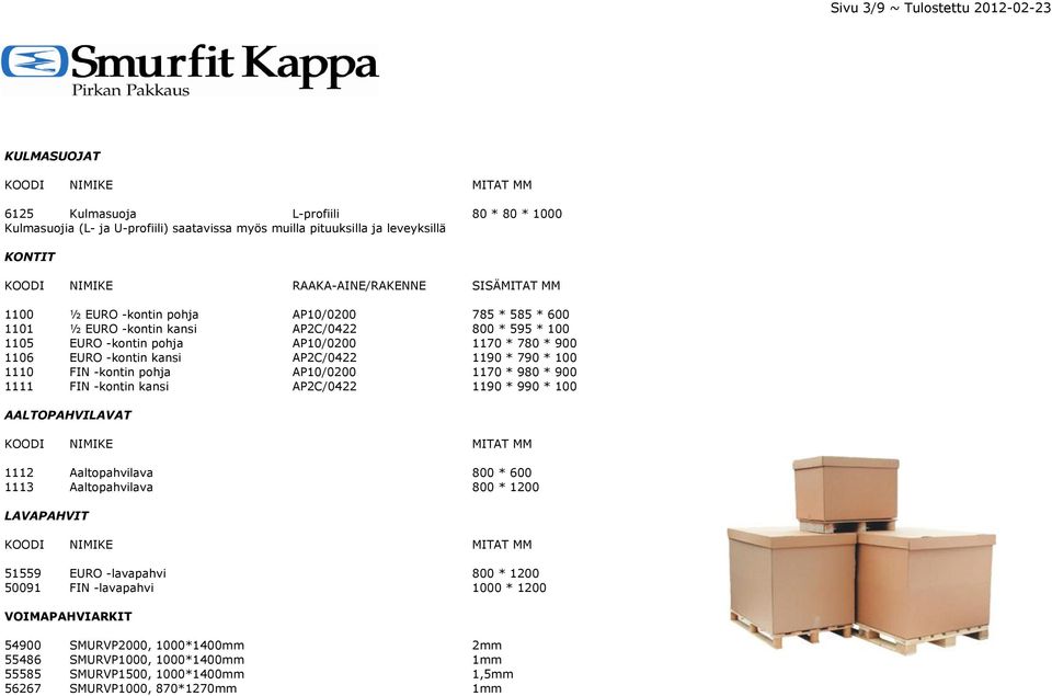 -kontin kansi AP2C/0422 1190 * 790 * 100 1110 FIN -kontin pohja AP10/0200 1170 * 980 * 900 1111 FIN -kontin kansi AP2C/0422 1190 * 990 * 100 AALTOPAHVILAVAT 1112 Aaltopahvilava 800 * 600 1113