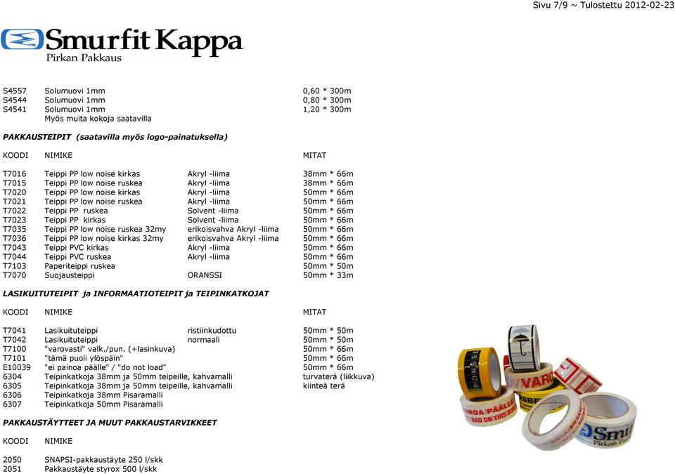Teippi PP low noise ruskea Akryl -liima 50mm * 66m T7022 Teippi PP ruskea Solvent -liima 50mm * 66m T7023 Teippi PP kirkas Solvent -liima 50mm * 66m T7035 Teippi PP low noise ruskea 32my erikoisvahva