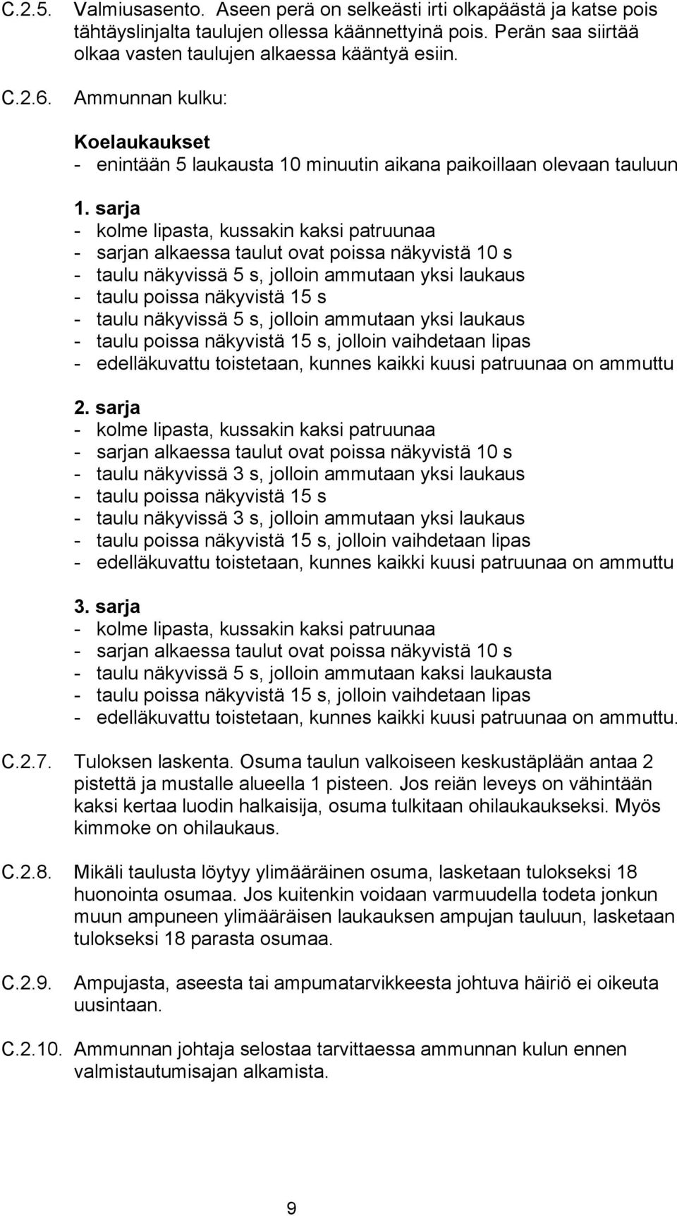 sarja - kolme lipasta, kussakin kaksi patruunaa - sarjan alkaessa taulut ovat poissa näkyvistä 10 s - taulu näkyvissä 5 s, jolloin ammutaan yksi laukaus - taulu poissa näkyvistä 15 s - taulu