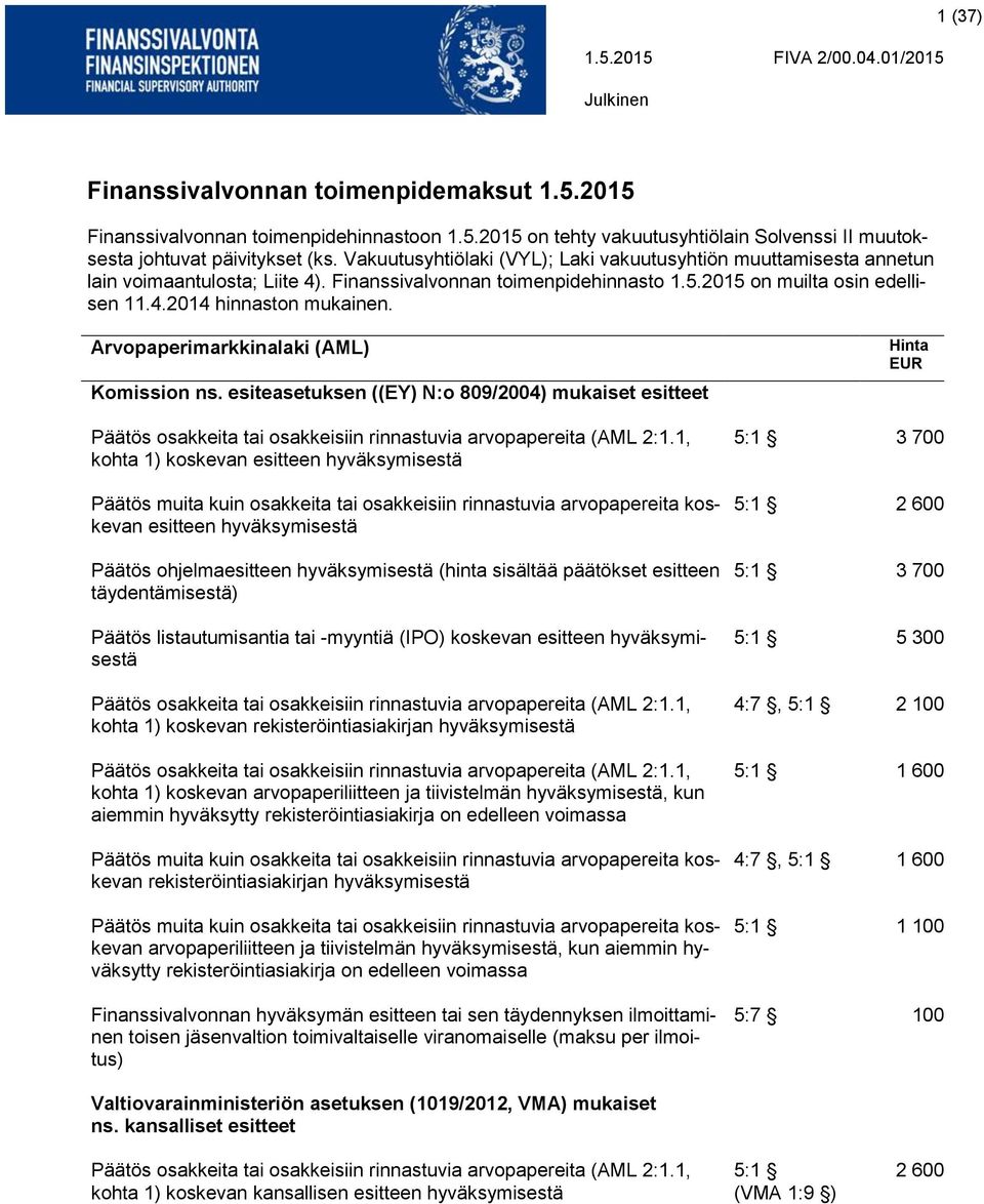 Arvopaperimarkkinalaki (AML) Komission ns. esiteasetuksen ((EY) N:o 809/2004) mukaiset esitteet Päätös osakkeita tai osakkeisiin rinnastuvia arvopapereita (AML 2:1.