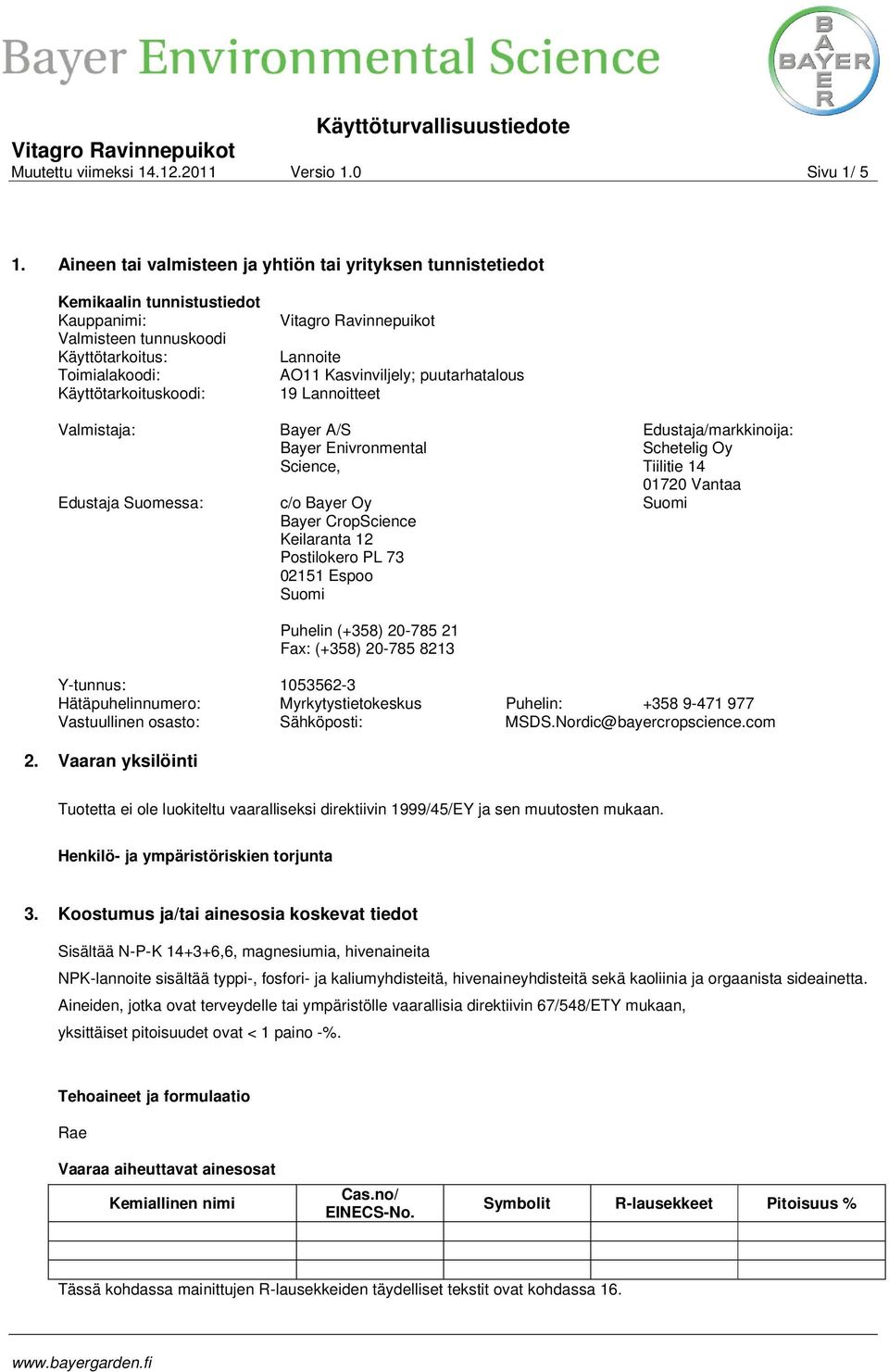Suomessa: Lannoite AO11 Kasvinviljely; puutarhatalous 19 Lannoitteet Bayer A/S Bayer Enivronmental Science, c/o Bayer Oy Bayer CropScience Keilaranta 12 Postilokero PL 73 02151 Espoo Suomi Puhelin