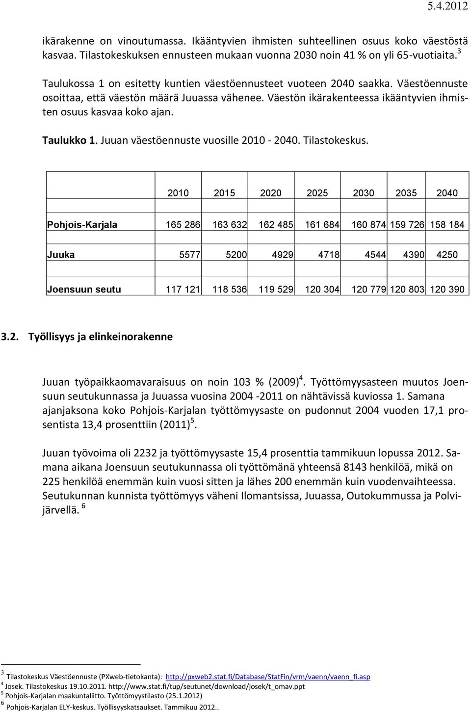 Taulukko 1. Juuan väestöennuste vuosille 2010-2040. Tilastokeskus.