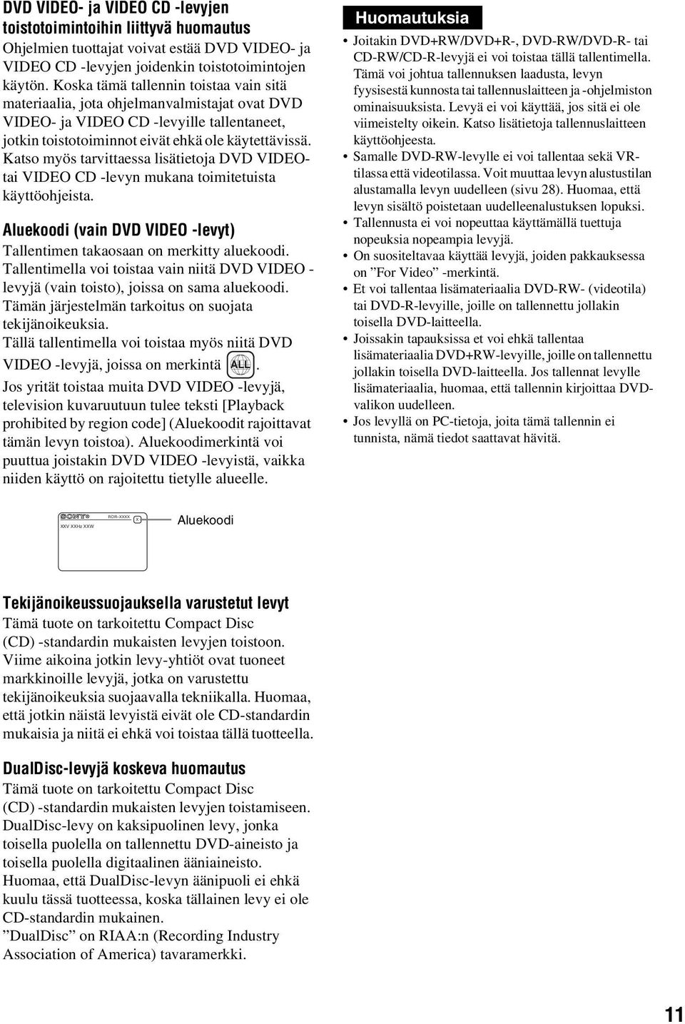 Katso myös tarvittaessa lisätietoja DVD VIDEOtai VIDEO CD -levyn mukana toimitetuista käyttöohjeista. Aluekoodi (vain DVD VIDEO -levyt) Tallentimen takaosaan on merkitty aluekoodi.