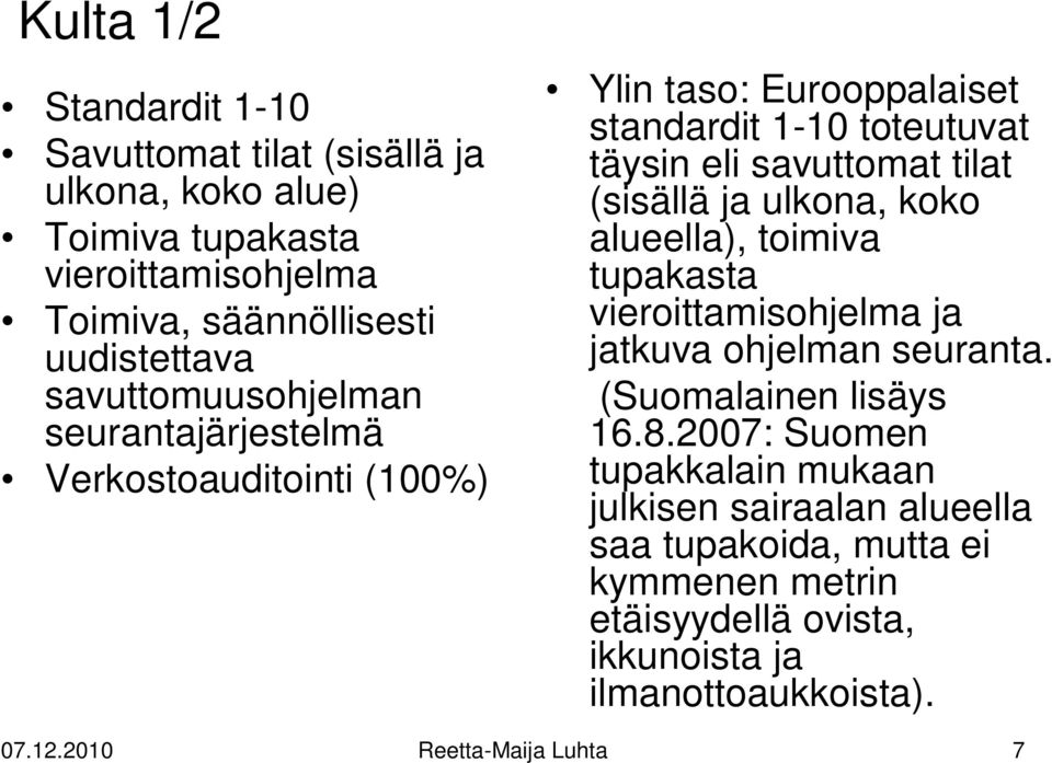 (sisällä ja ulkona, koko alueella), toimiva tupakasta vieroittamisohjelma ja jatkuva ohjelman seuranta. (Suomalainen lisäys 16.8.