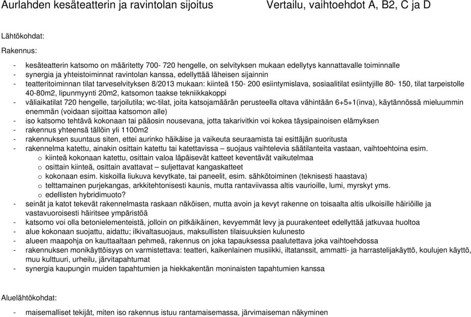 sosiaalitilat esiintyjille 80-150, tilat tarpeistolle 40-80m2, lipunmyynti 20m2, katsomon taakse tekniikkakoppi - väliaikatilat 720 hengelle, tarjoilutila; wc-tilat, joita katsojamäärän perusteella