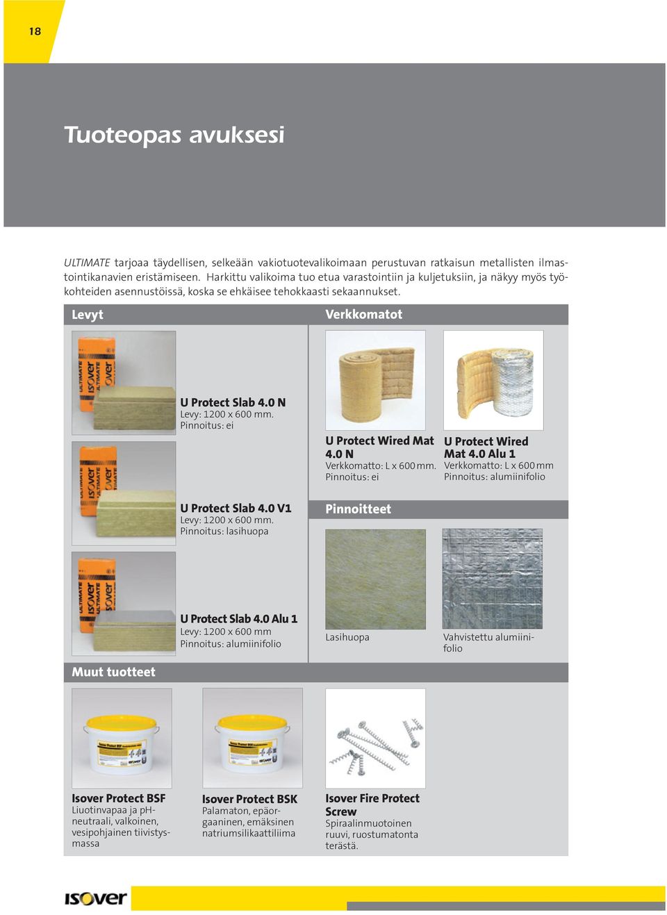 0 N Levy: 1200 x 600 mm. Pinnoitus: ei U Protect Slab 4.0 V1 Levy: 1200 x 600 mm. Pinnoitus: lasihuopa U Protect Wired Mat 4.0 N Verkkomatto: L x 600 mm.