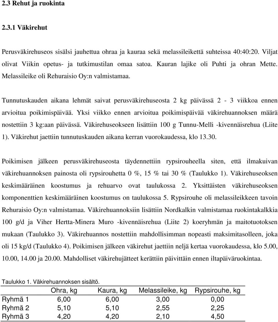 Yksi viikko ennen arvioitua poikimispäivää väkirehuannoksen määrä nostettiin 3 kg:aan päivässä. Väkirehuseokseen lisättiin 100 g Tunnu-Melli -kivennäisrehua (Liite 1).