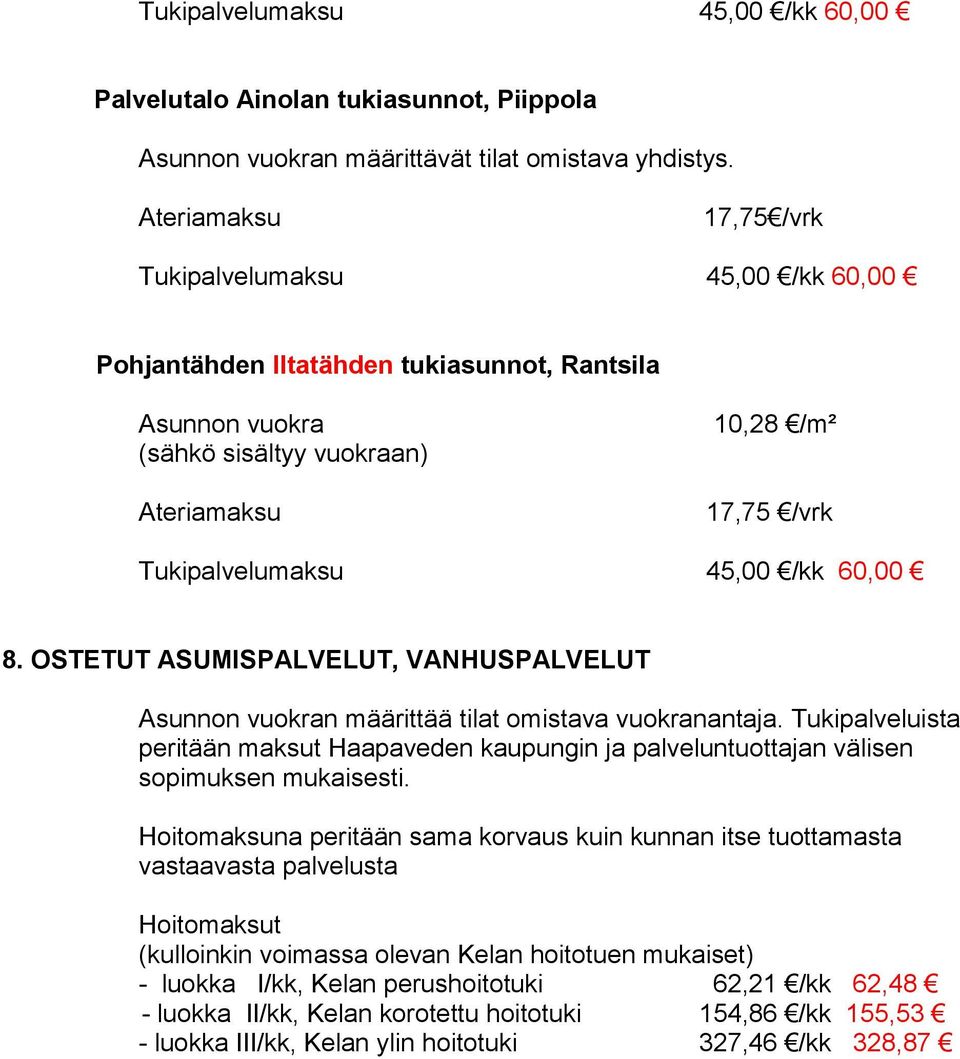 /kk 60,00 8. OSTETUT ASUMISPALVELUT, VANHUSPALVELUT Asunnon vuokran määrittää tilat omistava vuokranantaja.