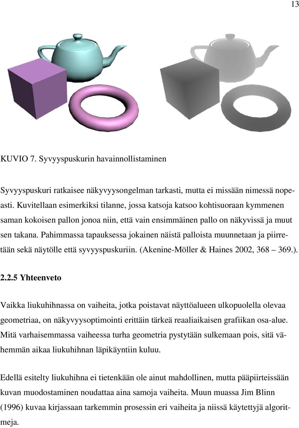 Pahimmassa tapauksessa jokainen näistä palloista muunnetaan ja piirretään sekä näytölle että syvyyspuskuriin. (Akenine-Möller & Haines 20