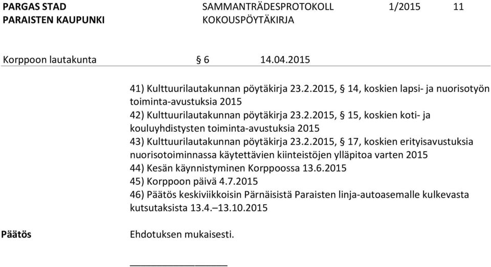 6.2015 45) Korppoon päivä 4.7.2015 46) keskiviikkoisin Pärnäisistä Paraisten linja-autoasemalle kulkevasta kutsutaksista 13.4. 13.10.