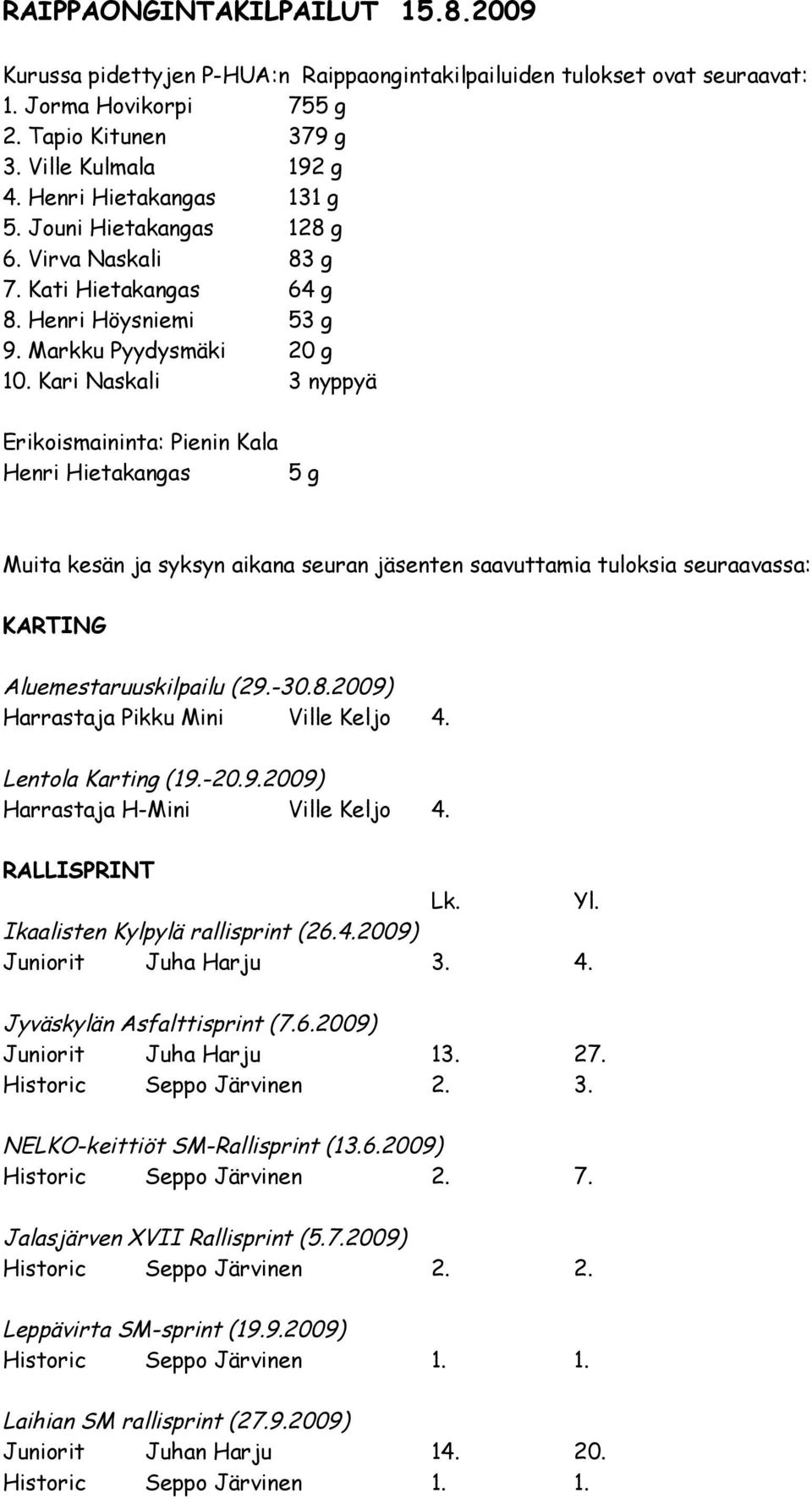 Kari Naskali 3 nyppyä Erikoismaininta: Pienin Kala Henri Hietakangas 5 g Muita kesän ja syksyn aikana seuran jäsenten saavuttamia tuloksia seuraavassa: KARTING Aluemestaruuskilpailu (29.-30.8.