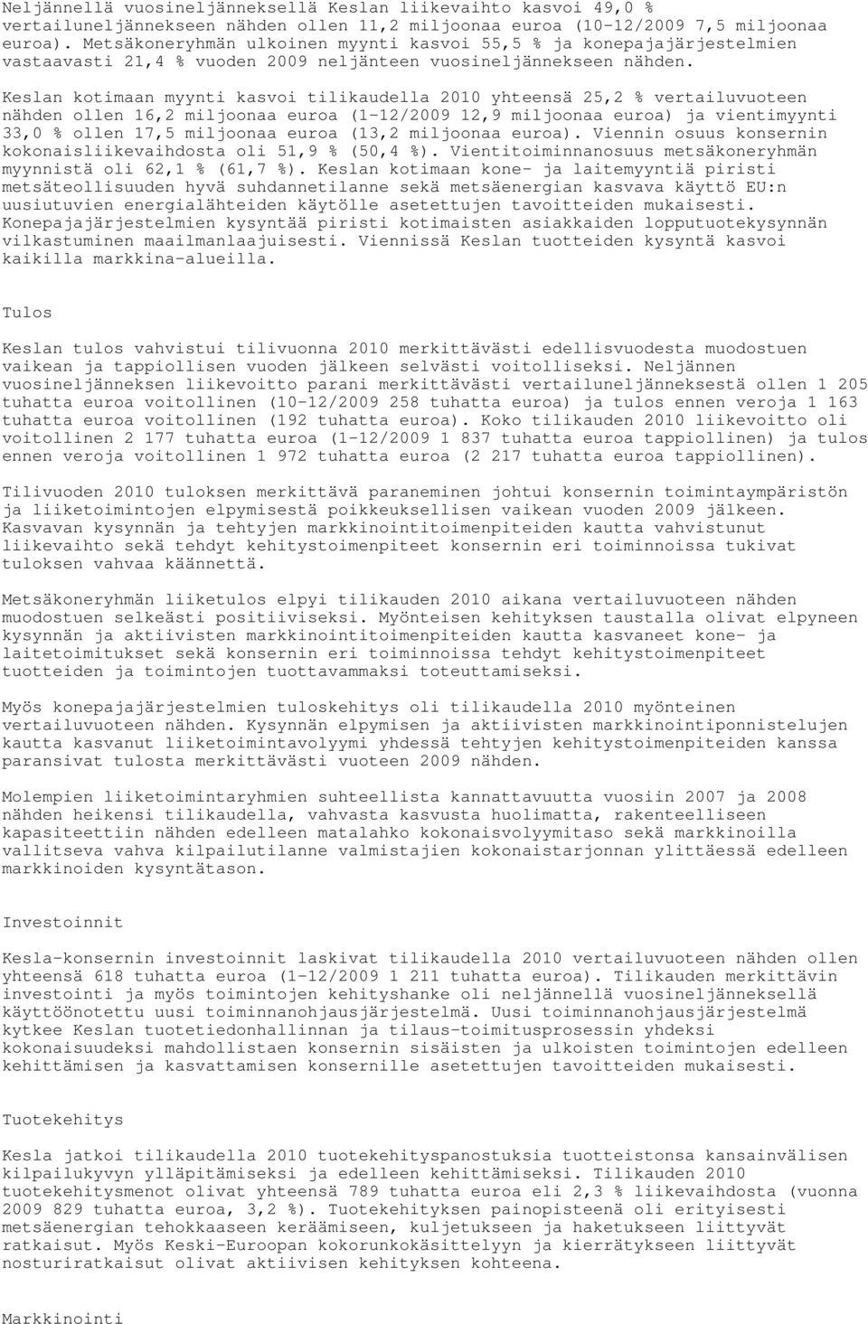 Keslan kotimaan myynti kasvoi tilikaudella 2010 yhteensä 25,2 % vertailuvuoteen nähden ollen 16,2 miljoonaa euroa (1-12/2009 12,9 miljoonaa euroa) ja vientimyynti 33,0 % ollen 17,5 miljoonaa euroa