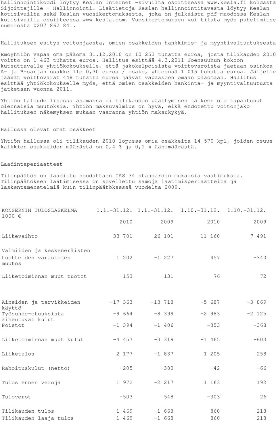 Vuosikertomuksen voi tilata myös puhelimitse numerosta 0207 862 841. Hallituksen esitys voitonjaosta, omien osakkeiden hankkimis- ja myyntivaltuutuksesta Emoyhtiön vapaa oma pääoma 31.12.