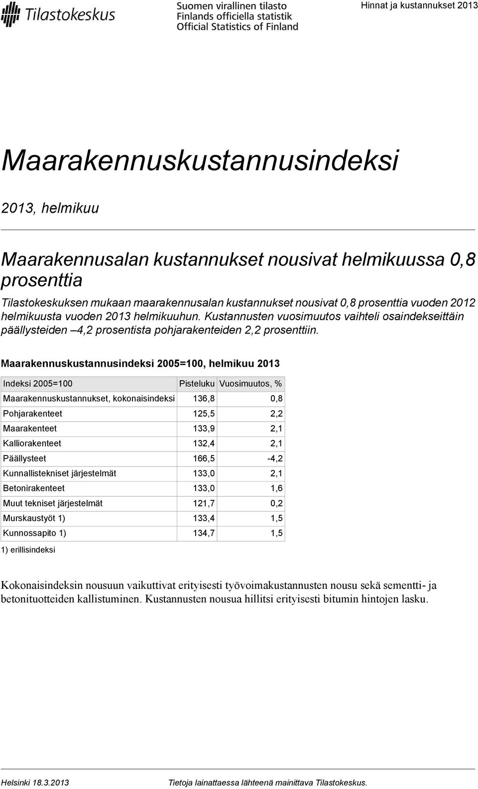 Maarakennuskustannusindeksi 2005=100, helmikuu 2013 Indeksi 2005=100 Maarakennuskustannukset, kokonaisindeksi Pohjarakenteet Maarakenteet Kalliorakenteet Päällysteet Kunnallistekniset järjestelmät