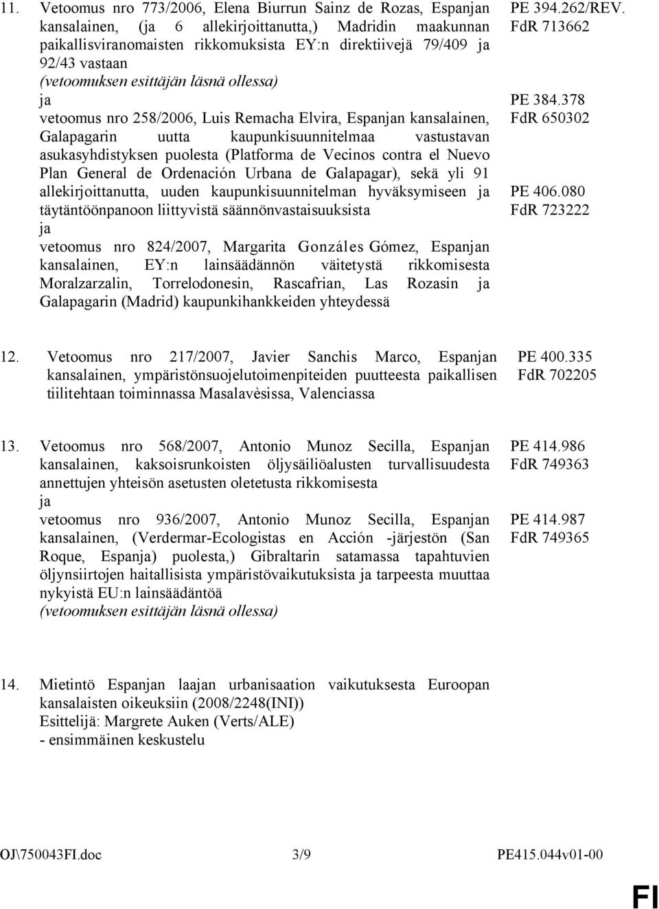 Vecinos contra el Nuevo Plan General de Ordenación Urbana de Galapagar), sekä yli 91 allekirjoittanutta, uuden kaupunkisuunnitelman hyväksymiseen täytäntöönpanoon liittyvistä säännönvastaisuuksista