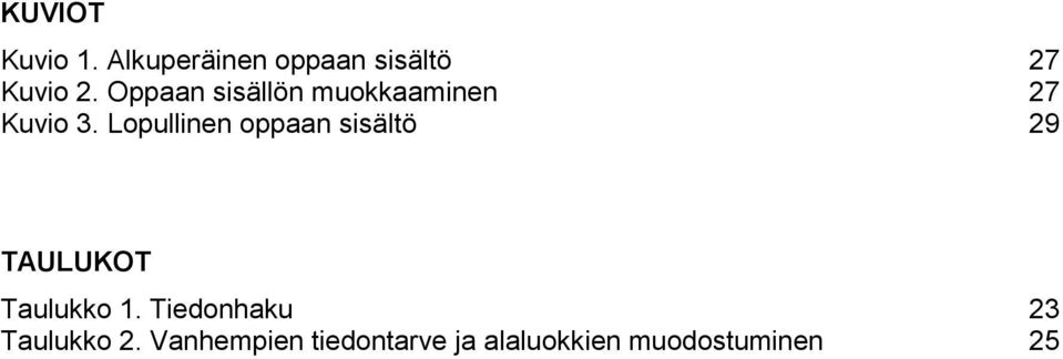 Lopullinen oppaan sisältö 29 TAULUKOT Taulukko 1.