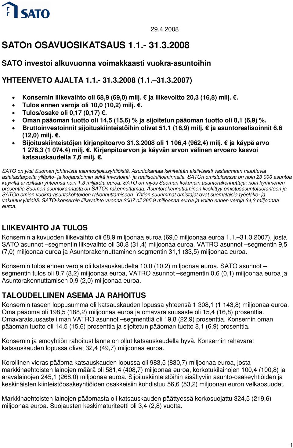 Bruttoinvestoinnit sijoituskiinteistöihin olivat 51,1 (16,9) milj. ja asuntorealisoinnit 6,6 (12,0) milj.. Sijoituskiinteistöjen kirjanpitoarvo 31.3.2008 oli 1 106,4 (962,4) milj.