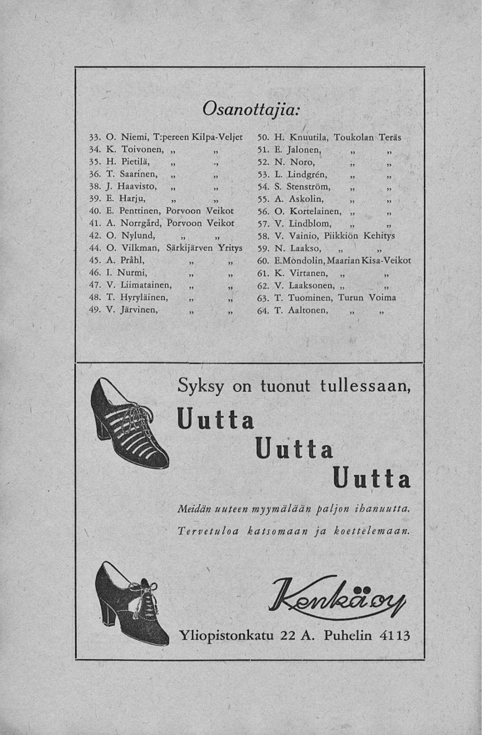 S. Stenström, 55. A. Askolin, 56. O. Kortelainen, 57. V. Lindblom, 58. V. Vainio, Piikkiön Kehitys 59. N. Laakso, 60. E.Mondolin, MaarianKisa-Veikot 61. K. Virranen, 62. V. Laaksonen, 63. T.