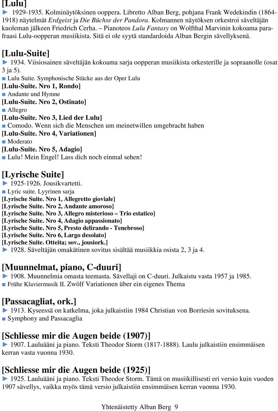 Sitä ei ole syytä standardoida Alban Bergin sävellyksenä. [Lulu-Suite] 1934. Viisiosainen säveltäjän kokoama sarja oopperan musiikista orkesterille ja sopraanolle (osat 3 ja 5). Lulu Suite.