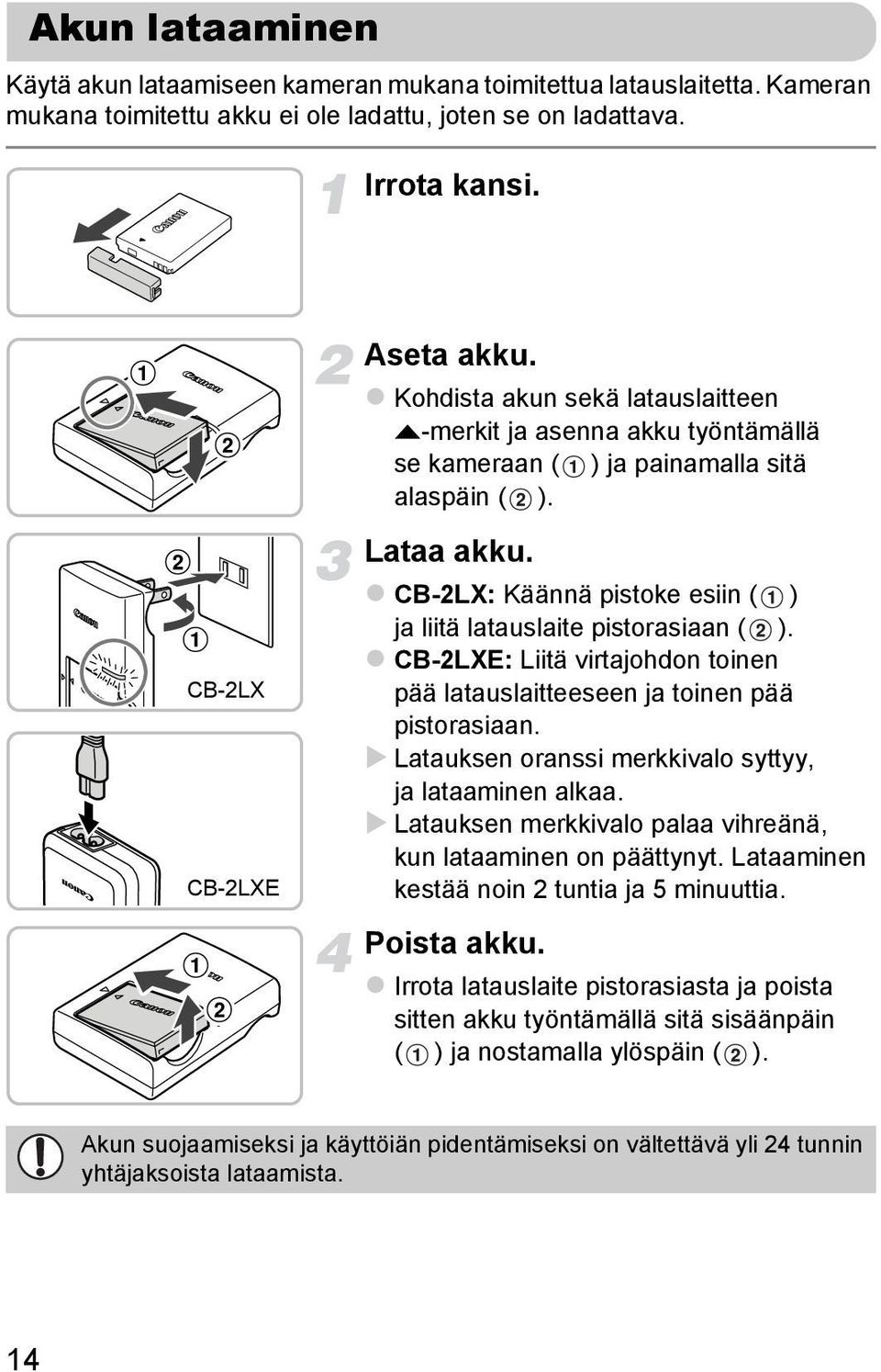 CB-2LX: Käännä pistoke esiin ( ) ja liitä latauslaite pistorasiaan ( ). CB-2LXE: Liitä virtajohdon toinen pää latauslaitteeseen ja toinen pää pistorasiaan.