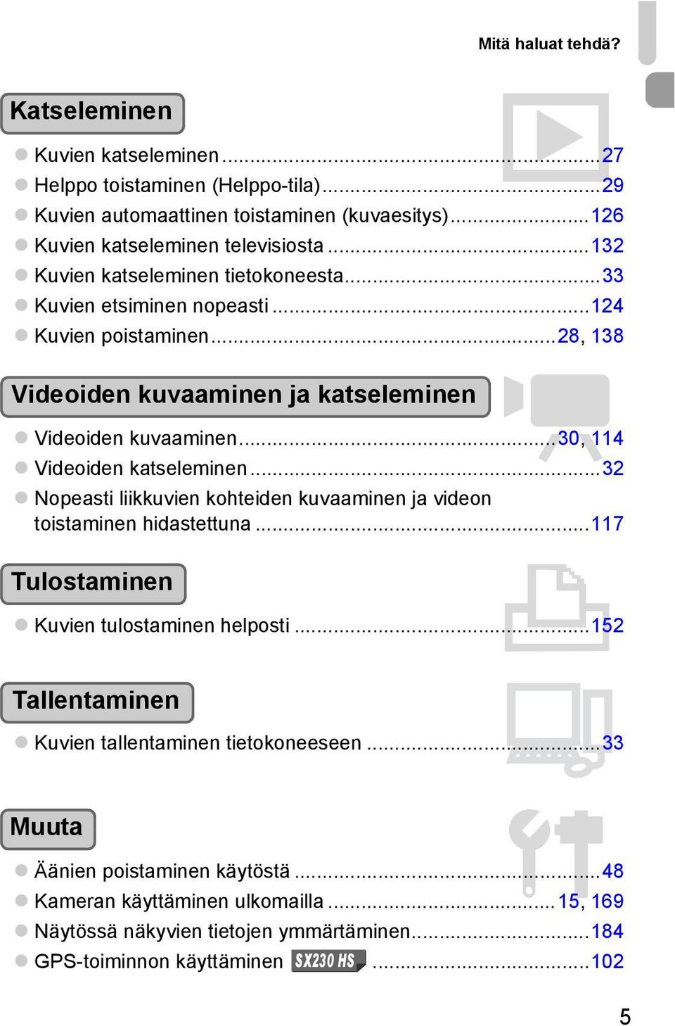 ..30, 114 Videoiden katseleminen...32 Nopeasti liikkuvien kohteiden kuvaaminen ja videon toistaminen hidastettuna...117 Tulostaminen 2 Kuvien tulostaminen helposti.