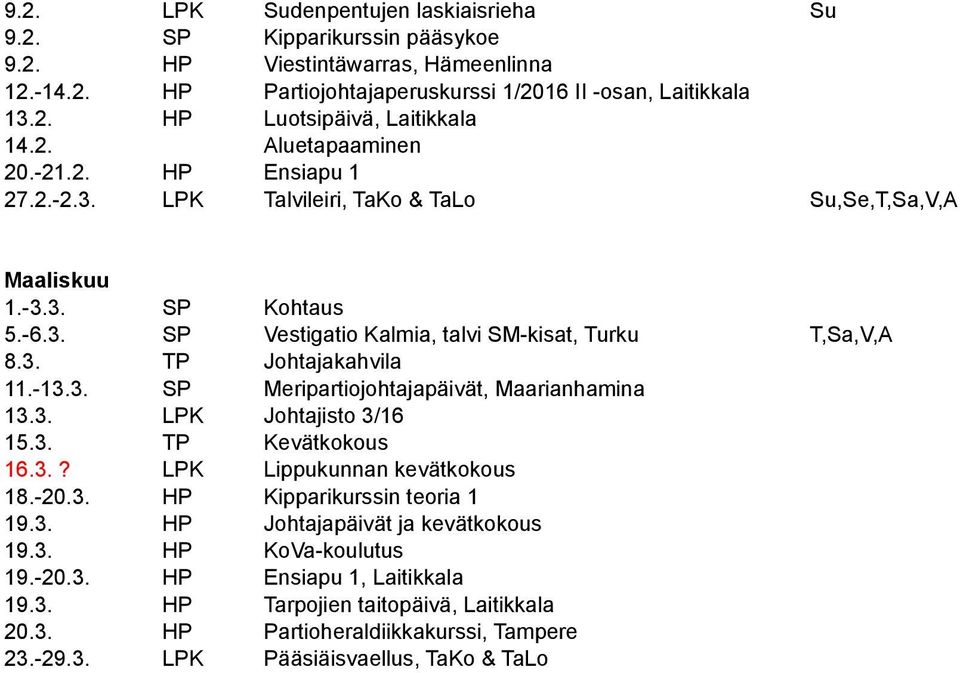 -13.3. SP Meripartiojohtajapäivät, Maarianhamina 13.3. LPK Johtajisto 3/16 15.3. TP Kevätkokous 16.3.? LPK Lippukunnan kevätkokous 18.-20.3. HP Kipparikurssin teoria 1 19.3. HP Johtajapäivät ja kevätkokous 19.