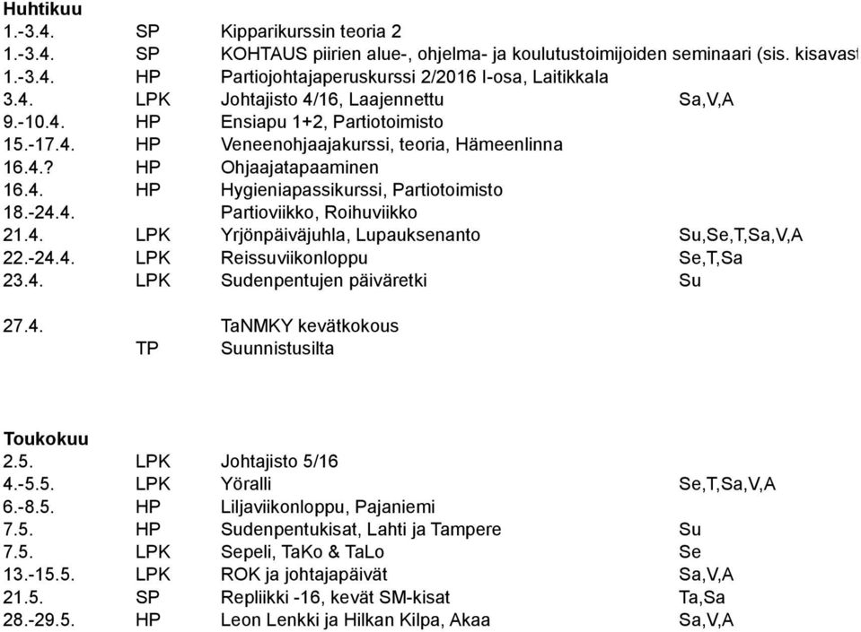 -24.4. Partioviikko, Roihuviikko 21.4. LPK Yrjönpäiväjuhla, Lupauksenanto Su,Se,T,Sa,V,A 22.-24.4. LPK Reissuviikonloppu Se,T,Sa 23.4. LPK Sudenpentujen päiväretki Su 27.4. TaNMKY kevätkokous TP Suunnistusilta Toukokuu 2.