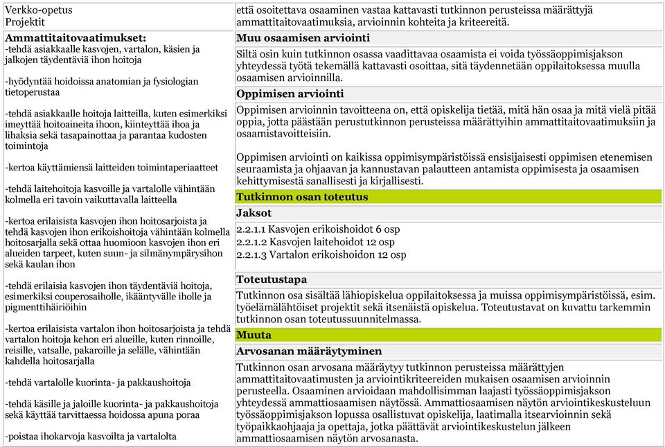 toimintaperiaatteet -tehdä laitehoitoja kasvoille ja vartalolle vähintään kolmella eri tavoin vaikuttavalla laitteella -kertoa erilaisista kasvojen ihon hoitosarjoista ja tehdä kasvojen ihon