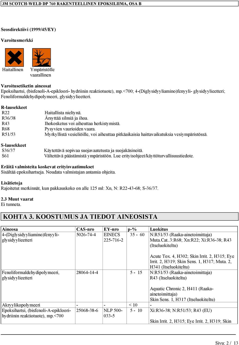 R43 Ihokosketus voi aiheuttaa herkistymistä. R68 Pysyvien vaurioiden vaara. R51/53 Myrkyllistä vesieliöille, voi aiheuttaa pitkäaikaisia haittavaikutuksia vesiympäristössä.
