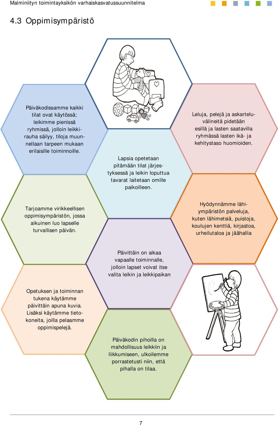 Leluja, pelejä ja askarteluvälineitä pidetään esillä ja lasten saatavilla ryhmässä lasten ikä- ja kehitystaso huomioiden.