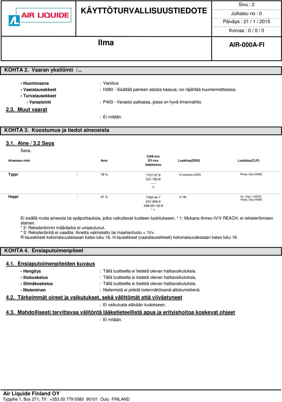 CAS-nro Aineosan nimi Avro EY-nro Luokitus(DSD) Luokitus(CLP) Indeksinro Typpi : 79 % 7727-37-9 Ei luokiteltu (DSD) Press. Gas (H280) 231-783-9 ----- *1 Happi : 21 % 7782-44-7 O; R8 Ox.