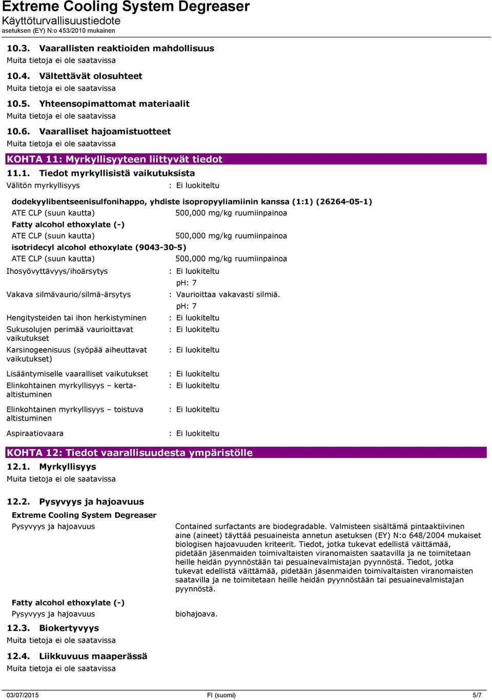 (suun kautta) isotridecyl alcohol ethoxylate (9043-30-5) ATE CLP (suun kautta) Ihosyövyttävyys/ihoärsytys Vakava silmävaurio/silmä-ärsytys Hengitysteiden tai ihon herkistyminen Sukusolujen perimää
