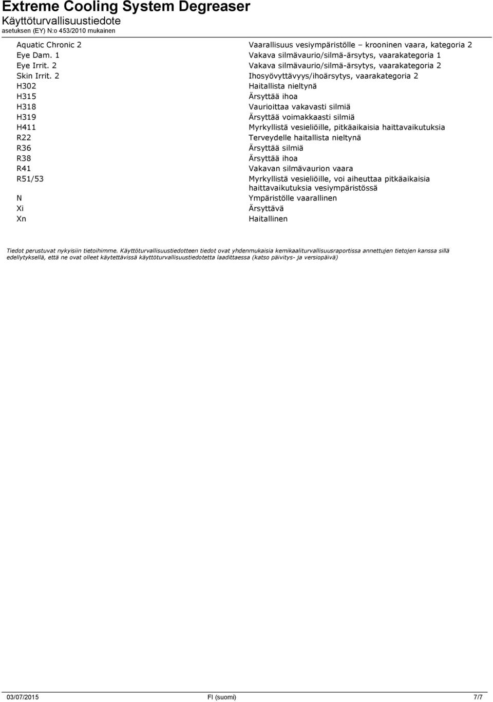 2 Ihosyövyttävyys/ihoärsytys, vaarakategoria 2 H302 Haitallista nieltynä H315 Ärsyttää ihoa H318 Vaurioittaa vakavasti silmiä H319 Ärsyttää voimakkaasti silmiä H411 Myrkyllistä vesieliöille,