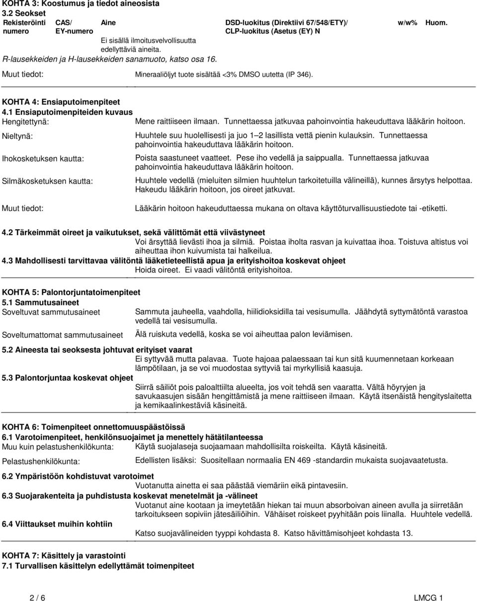 Muut tiedot: Mineraaliöljyt tuote sisältää <3% DMSO uutetta (IP 346). KOHTA 4: Ensiaputoimenpiteet 4.1 Ensiaputoimenpiteiden kuvaus Hengitettynä: Mene raittiiseen ilmaan.