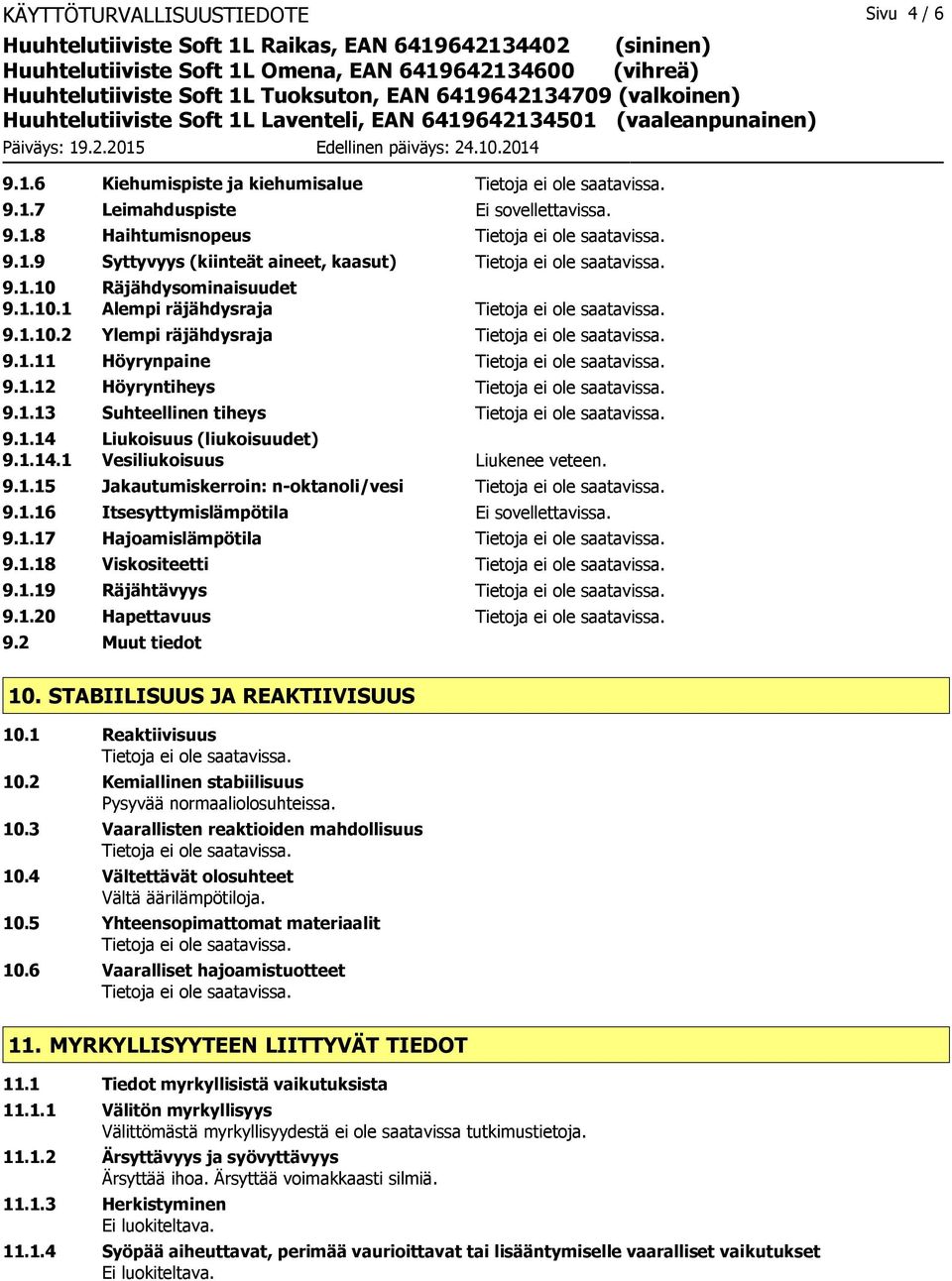 1.16 Itsesyttymislämpötila Ei sovellettavissa. 9.1.17 Hajoamislämpötila 9.1.18 Viskositeetti 9.1.19 Räjähtävyys 9.1.20 Hapettavuus 9.2 Muut tiedot 10. STABIILISUUS JA REAKTIIVISUUS 10.